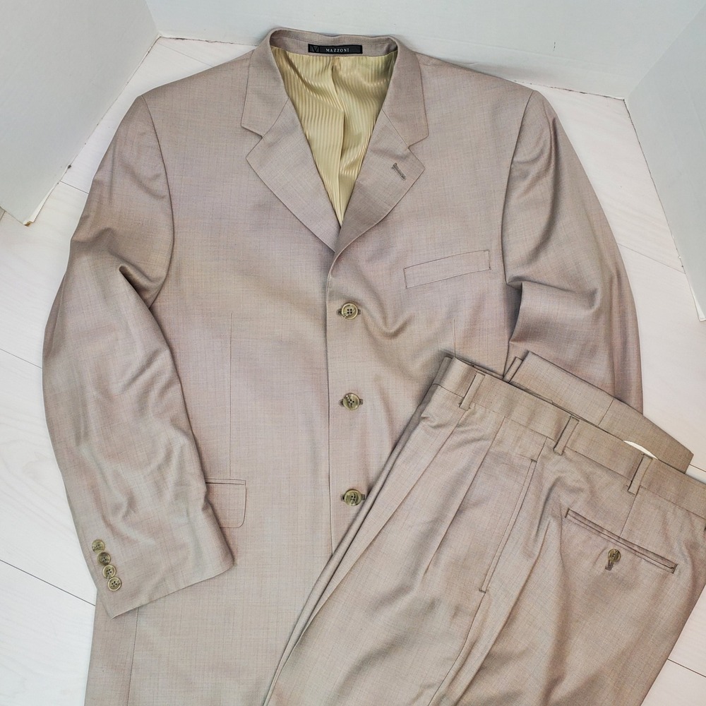 Mazzoni Men Grey 3-Button Blazer and Pleated Pants Suit Set 44R 38R Quiet Luxury
